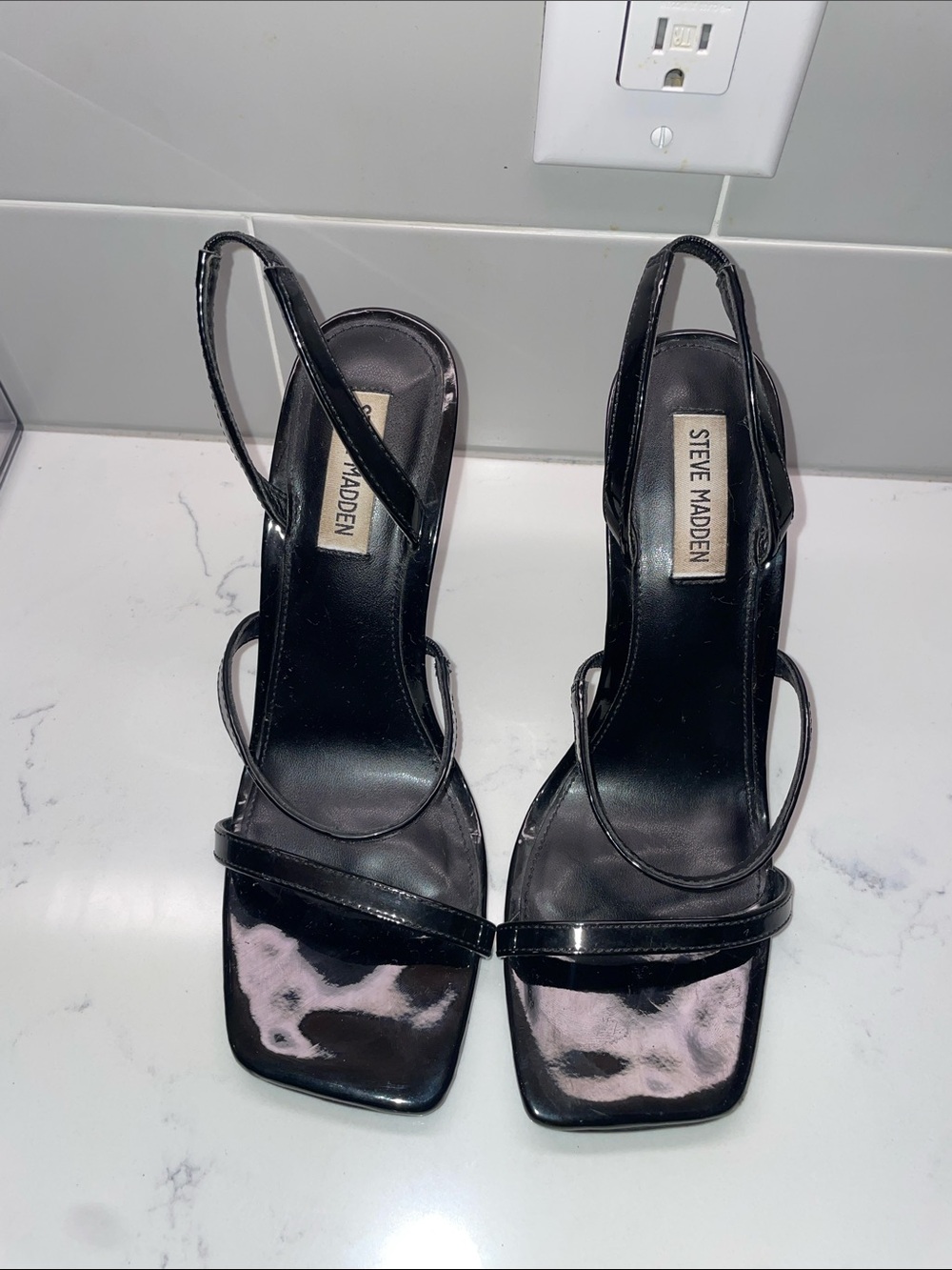 Steve Madden Black Patent Square-Toe Slingback Heels